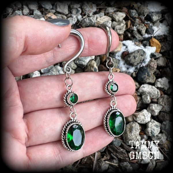 Emerald green gemstone gauged earrings-Boho earrings Cheap