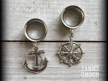 Anchor and Ships wheel tunnel earrings on Sale