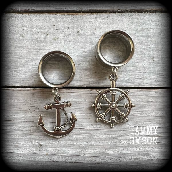 Anchor and Ships wheel tunnel earrings on Sale