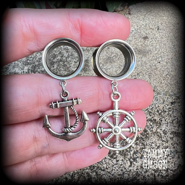 Anchor and Ships wheel tunnel earrings on Sale