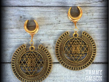 Sri Yantra gauged earrings-Mandala ear weights For Cheap