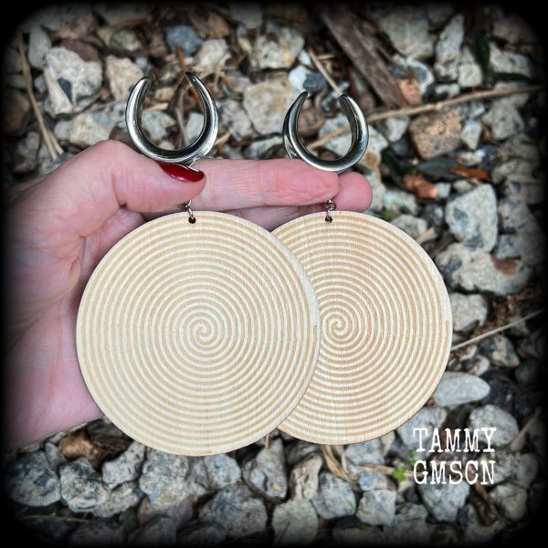 Tribal spiral wood disc earrings-Gauged earrings For Sale