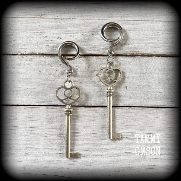 Antique silver key gauged earrings Discount