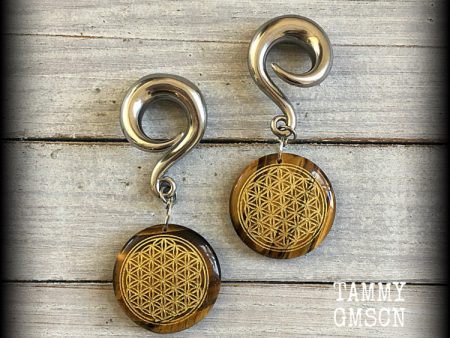 Tigers eye gemstone gauged earrings-Flower of life earrings For Discount