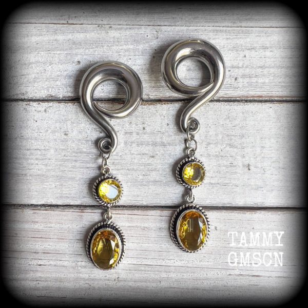 Yellow citrine gauged earrings-Gemstone ear weights Online now