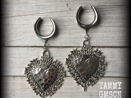 Oversized sacred heart gauged earrings For Sale