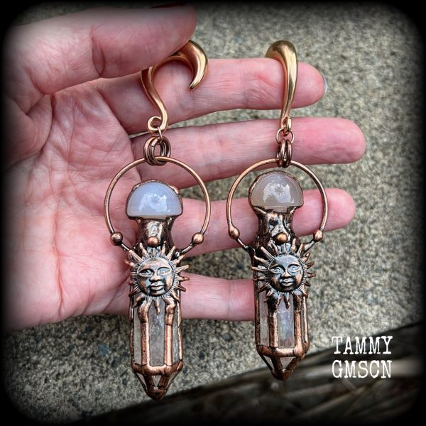 Clear quartz gauged earrings-Sun God ear weights on Sale