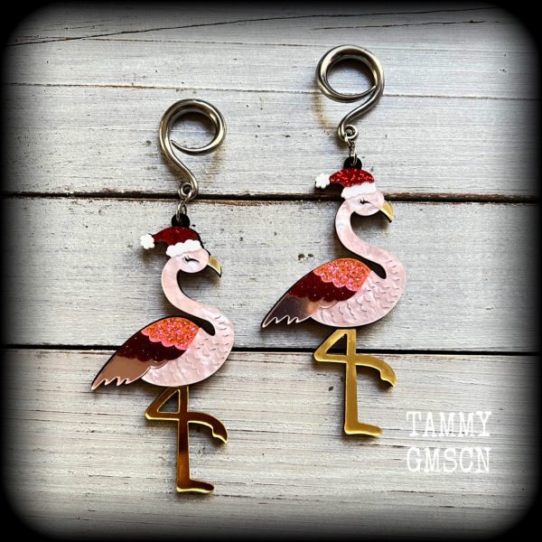 Pink flamingo earrings-Christmas gauged earrings For Discount