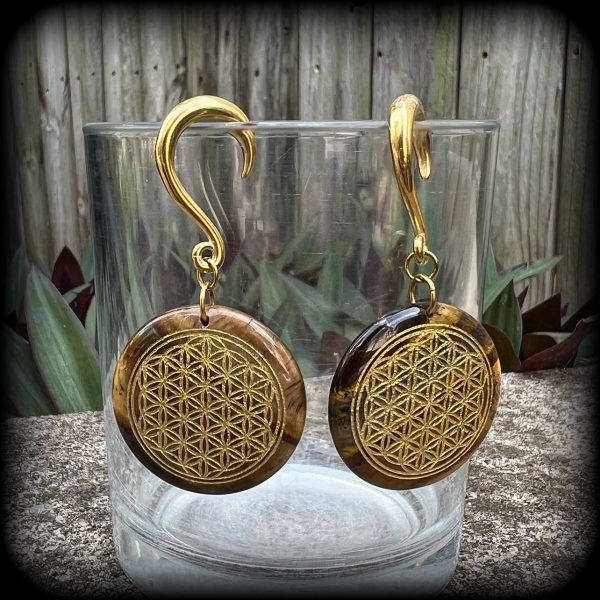 Tigers eye gemstone gauged earrings-Flower of life ear weights For Discount