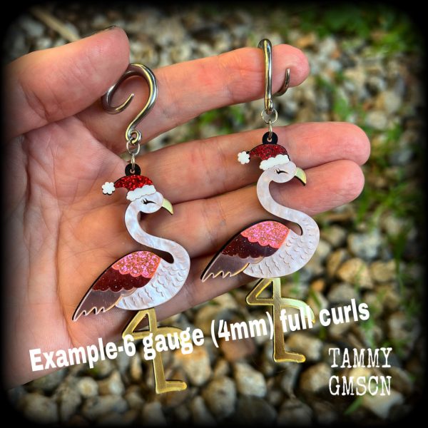 Pink flamingo earrings-Christmas gauged earrings For Discount