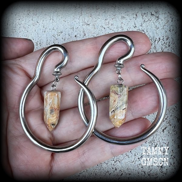 Lace agate ear hangers-Round ear gauges Online Sale