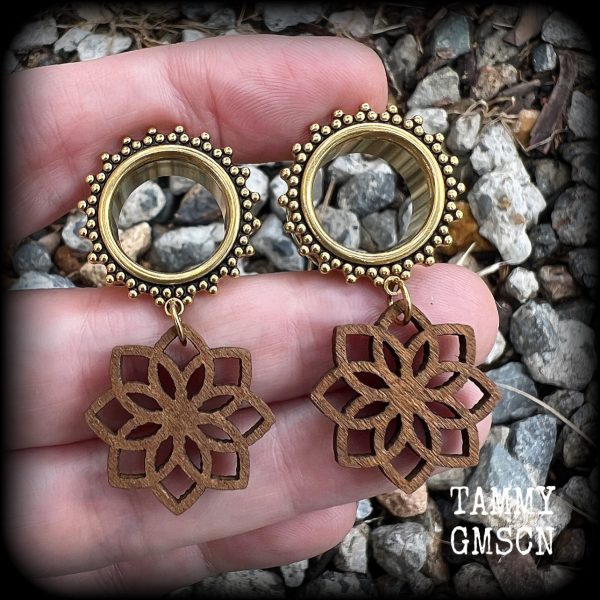 Wood mandala tunnel dangles-Boho gauges Online now