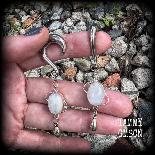 Rainbow moonstone gauged earrings-Gemstone ear weights Online Sale