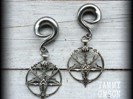 Antique silver Baphomet gauged earrings Online Sale