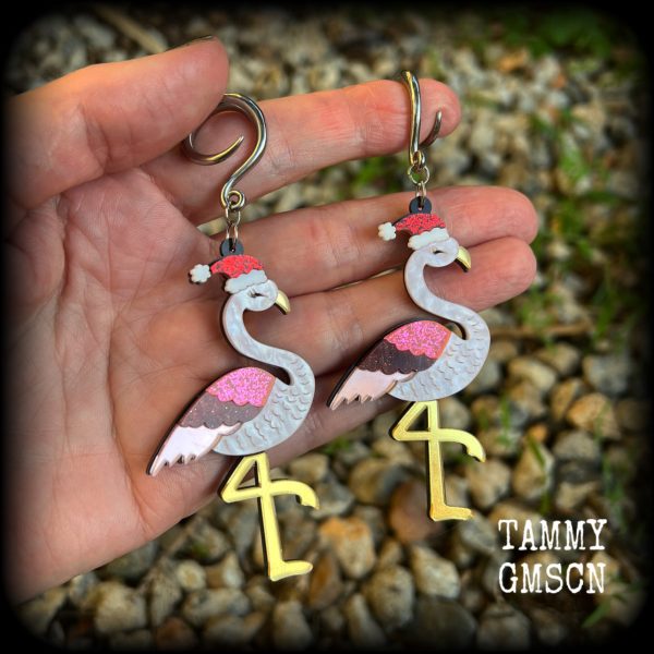 Pink flamingo earrings-Christmas gauged earrings For Discount