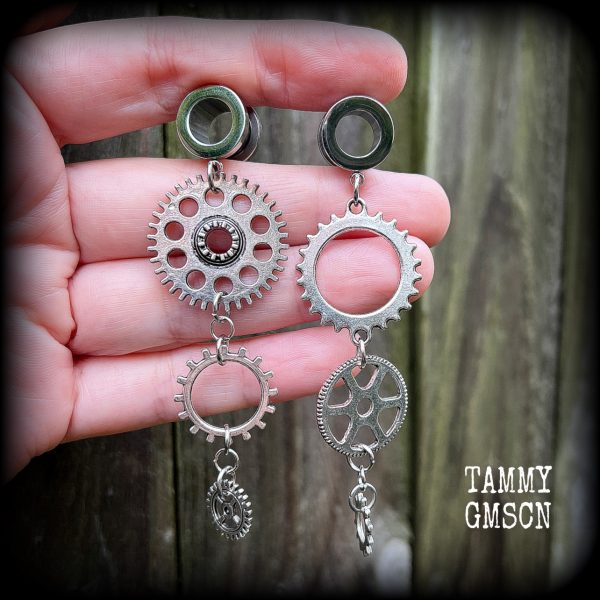 Steelpunk cog tunnel earrings-Steampunk earrings Discount