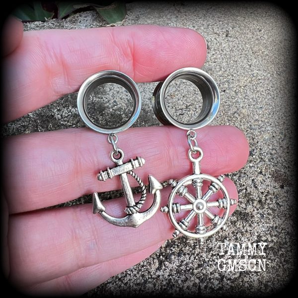 Anchor and Ships wheel tunnel earrings on Sale