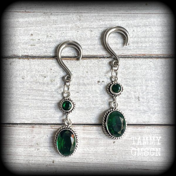 Emerald green gemstone gauged earrings-Boho earrings Cheap