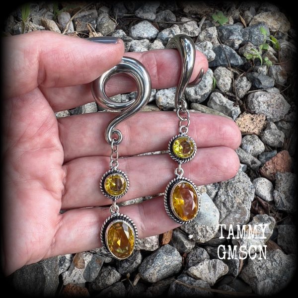 Yellow citrine gauged earrings-Gemstone ear weights Online now