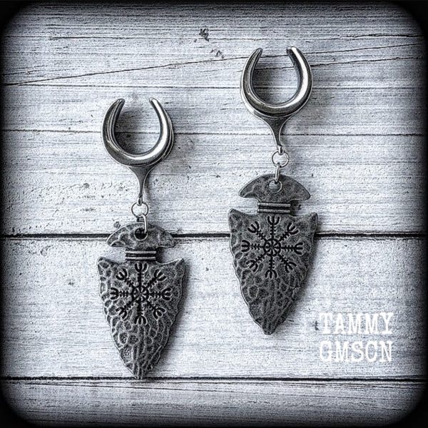 Viking arrowhead gauged earrings-Helm of awe rune gauges Sale