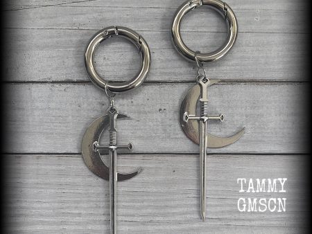 Sword and crescent moon gauged hoop earrings Discount