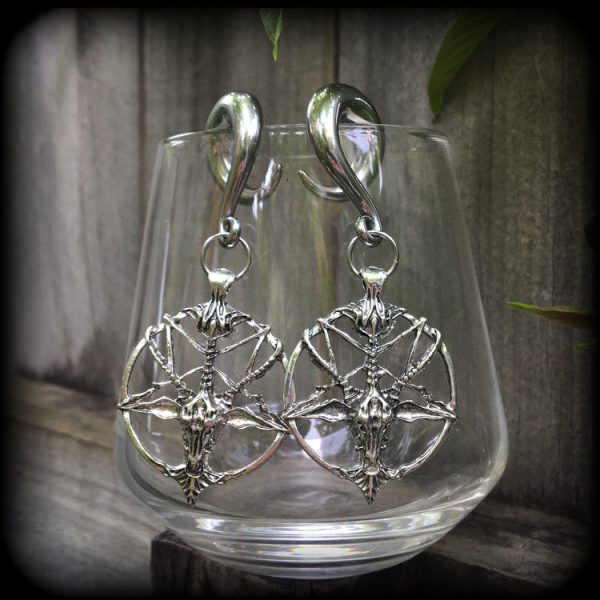 Antique silver Baphomet gauged earrings Online Sale