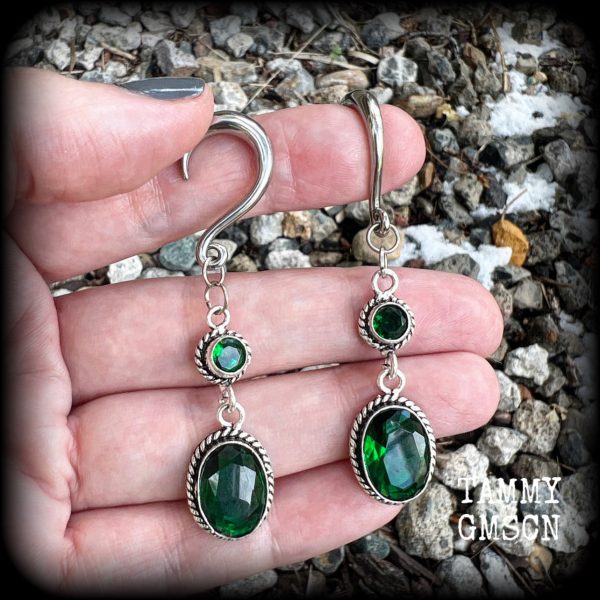 Emerald green gemstone gauged earrings-Boho earrings Cheap