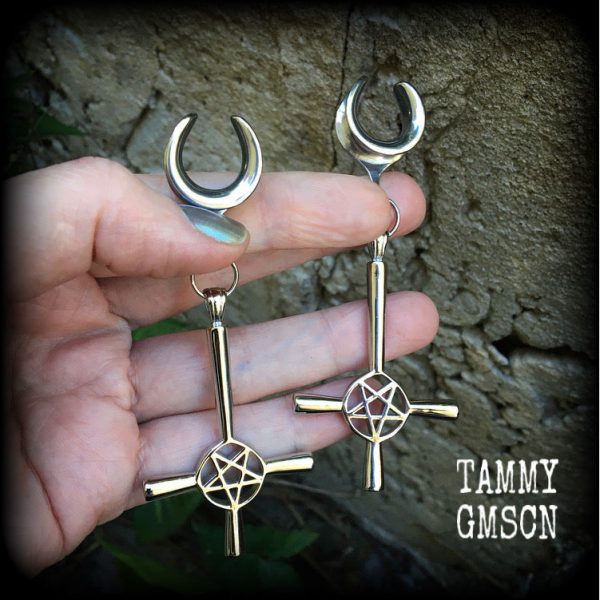 Antique silver inverted cross pentagram gauged earrings Sale