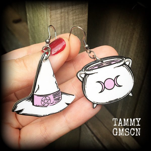 Witches hat and cauldron earrings-Pastel goth earrings Online Sale