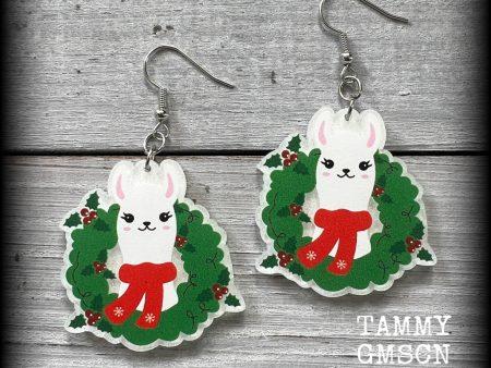 Llama earrings-Christmas wreath earrings-Yule earrings Supply