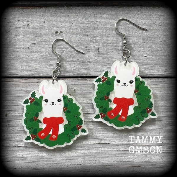 Llama earrings-Christmas wreath earrings-Yule earrings Supply