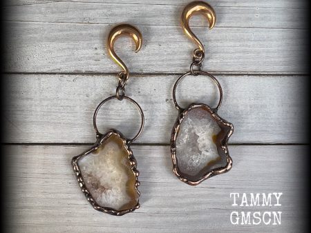 Agate geode slice gauged earrings For Sale