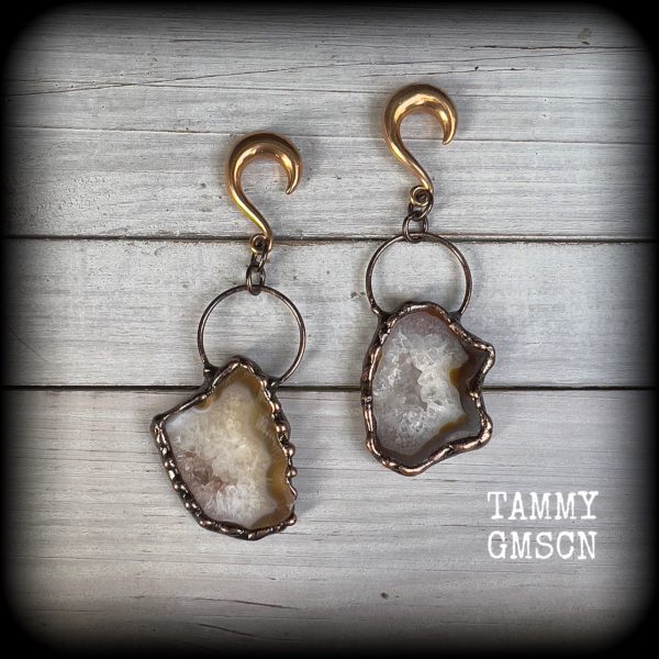 Agate geode slice gauged earrings For Sale