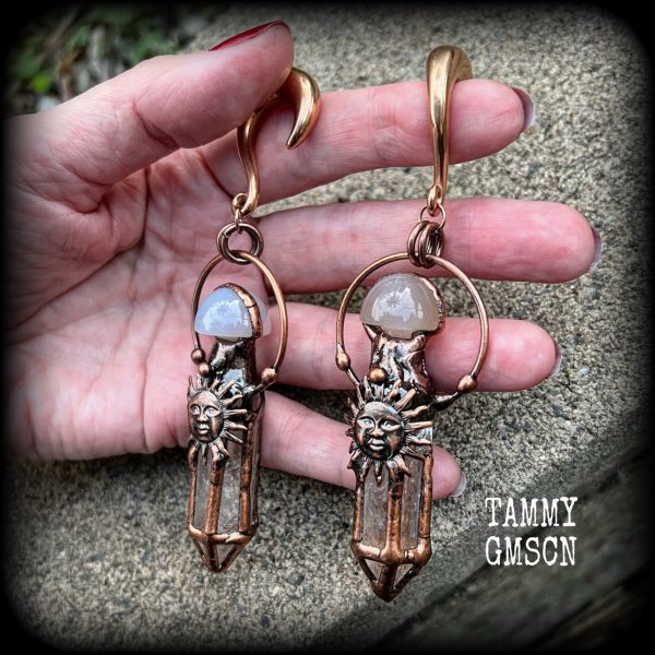 Clear quartz gauged earrings-Sun God ear weights on Sale