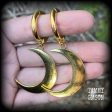 Antique gold crescent moon gauged hoop earrings on Sale