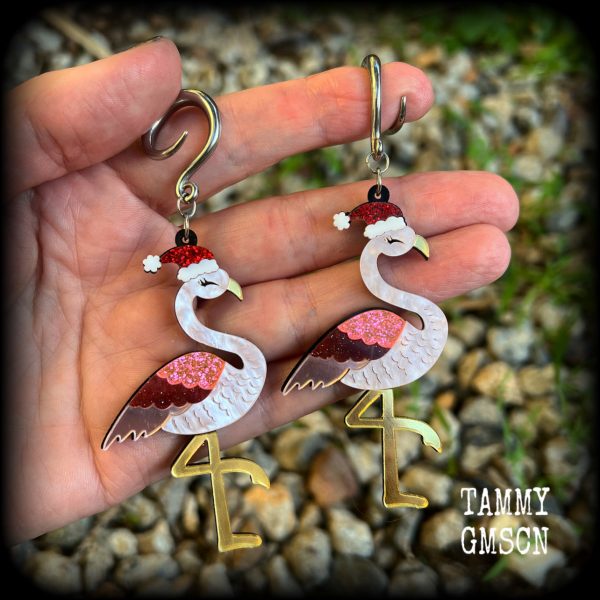 Pink flamingo earrings-Christmas gauged earrings For Discount