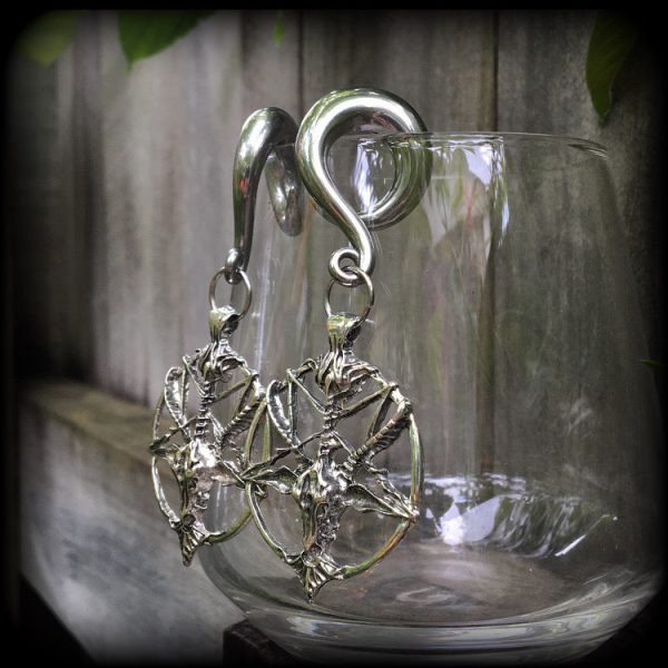 Antique silver Baphomet gauged earrings Online Sale