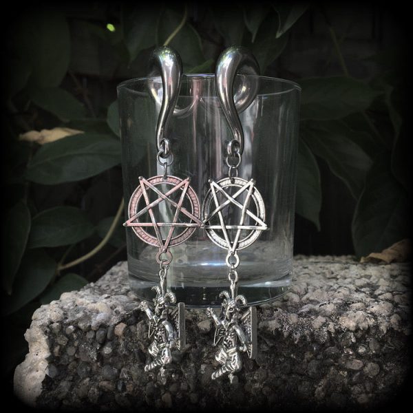 Baphomet and inverted pentagram gauged earrings Online now