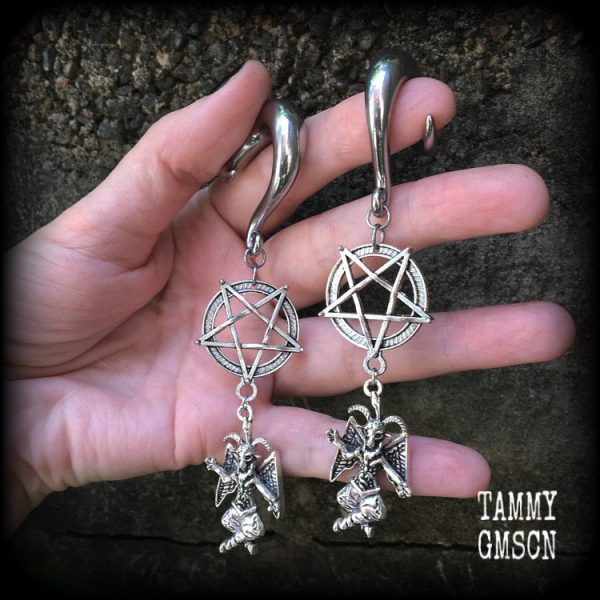 Baphomet and inverted pentagram gauged earrings Online now