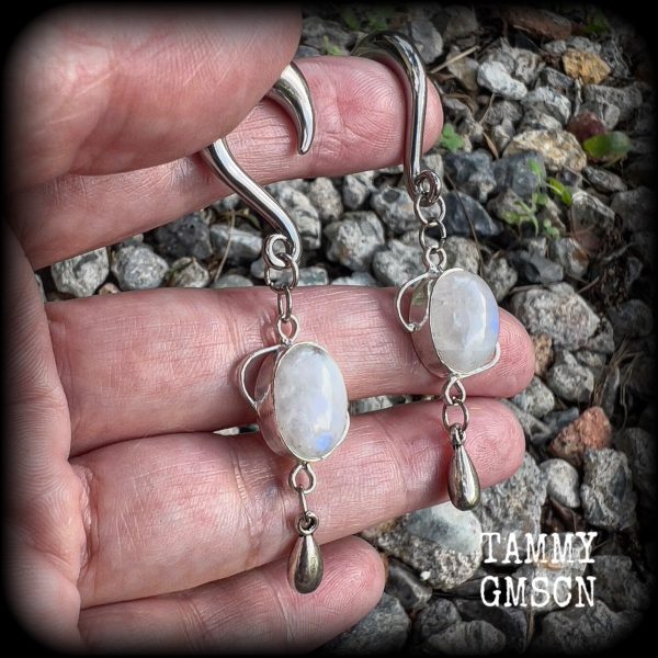 Rainbow moonstone gauged earrings-Gemstone ear weights Online Sale