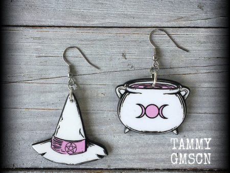 Witches hat and cauldron earrings-Pastel goth earrings Online Sale