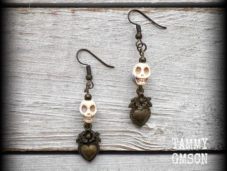 Sacred heart and skull earrings-Erzulie earrings For Discount