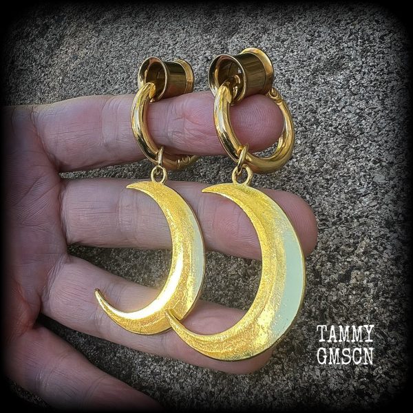 Antique gold crescent moon gauged hoop earrings on Sale