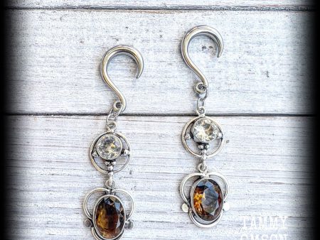 Citrine and Topaz gemstone gauged earrings For Sale