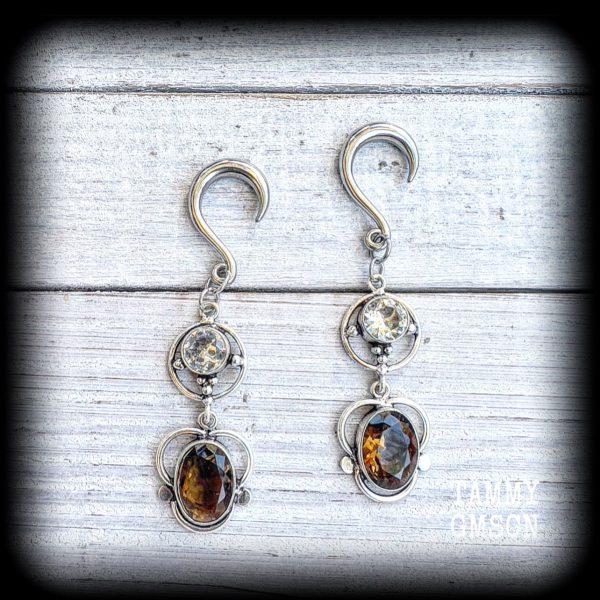 Citrine and Topaz gemstone gauged earrings For Sale