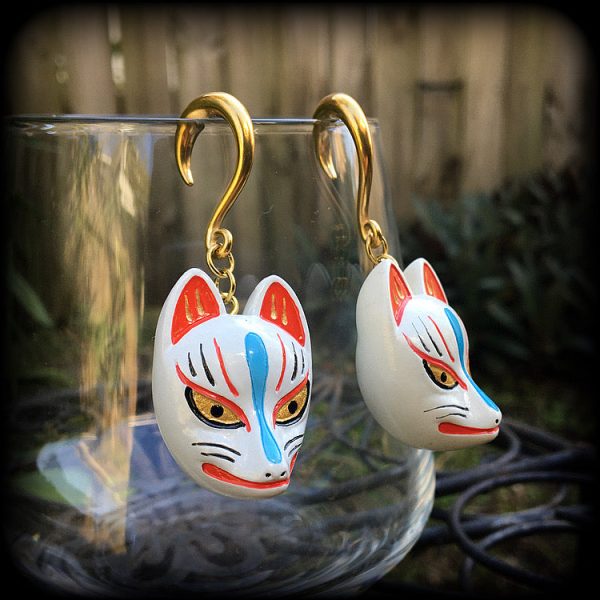 White kitsune gauged earrings-Wood earrings Supply