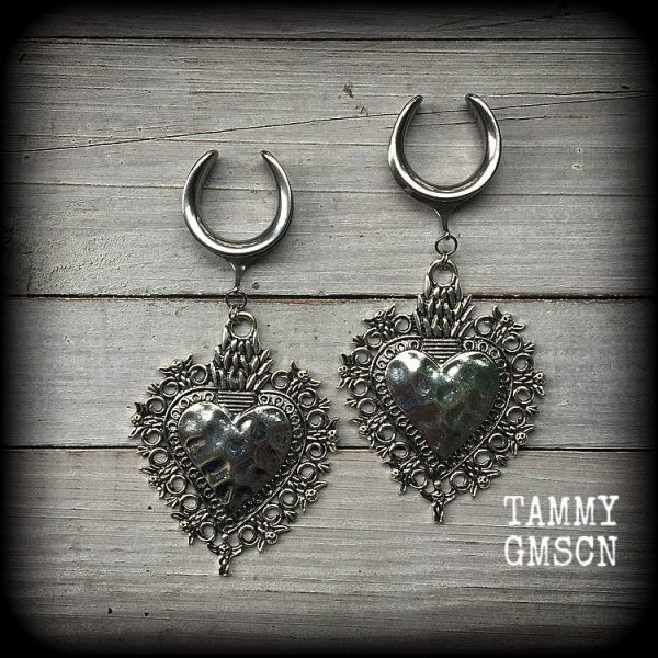 Oversized sacred heart gauged earrings For Sale