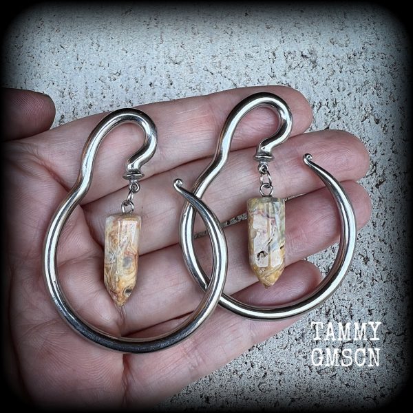 Lace agate ear hangers-Round ear gauges Online Sale