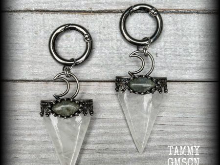 Clear quartz and Labradorite earrings-Ear weights-Ear hangers For Sale