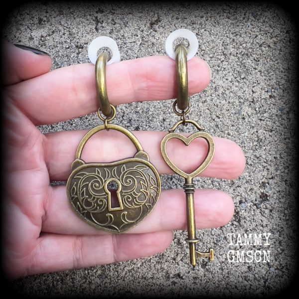 Antique bronze padlock and key hoop earrings-Tunnel hoops on Sale